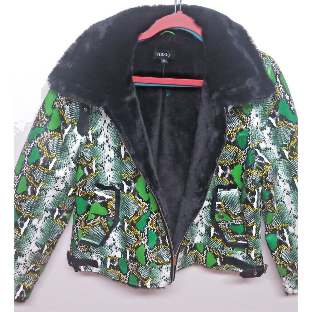 NEW MOD-X Bomber Jacket SNAKE REPTILE PRINT Womens XL Green black FAUX FUR LINED - Picture 6 of 15